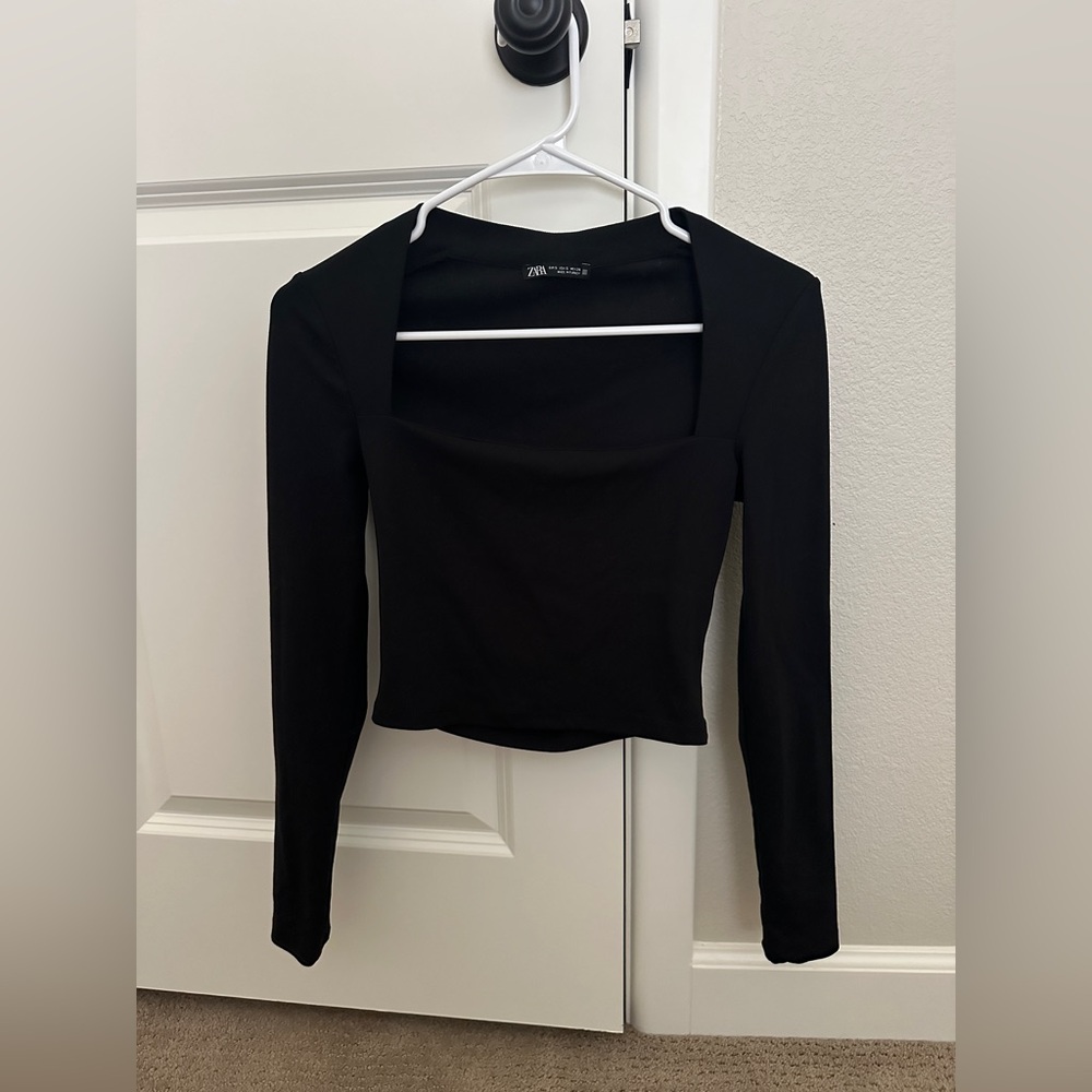 Zara Black Square Neck Long Sleeve Top